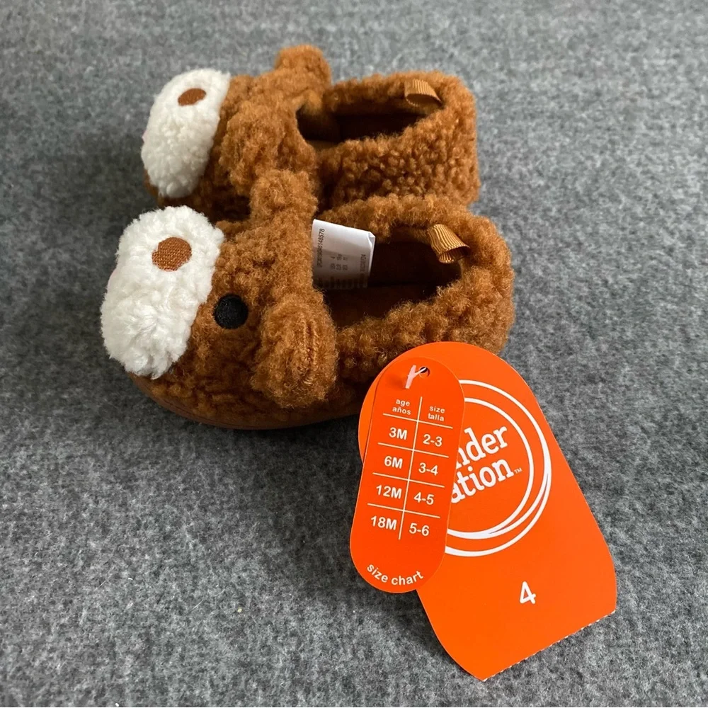 Wonder Nation Baby‎ Slippers Size 4 Brown Dog  Slip On Fuzzy Shoes New
